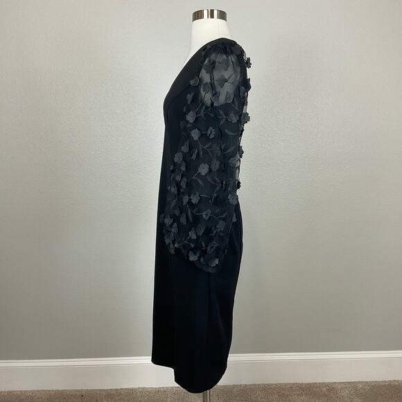 Eliza J Black Long Sleeve Cocktail Dress Size 6 Black 3D Floral Midi Sheath - Picture 5 of 14